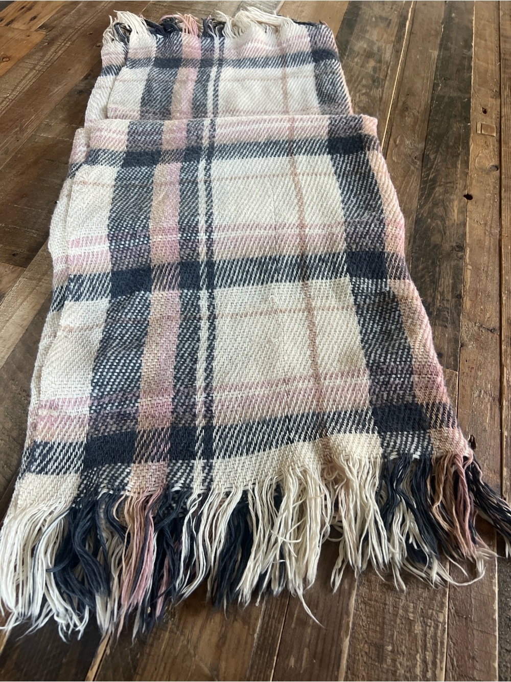 Cozy Plaid Fringe Throw Blanket in Cream, Navy & Pink